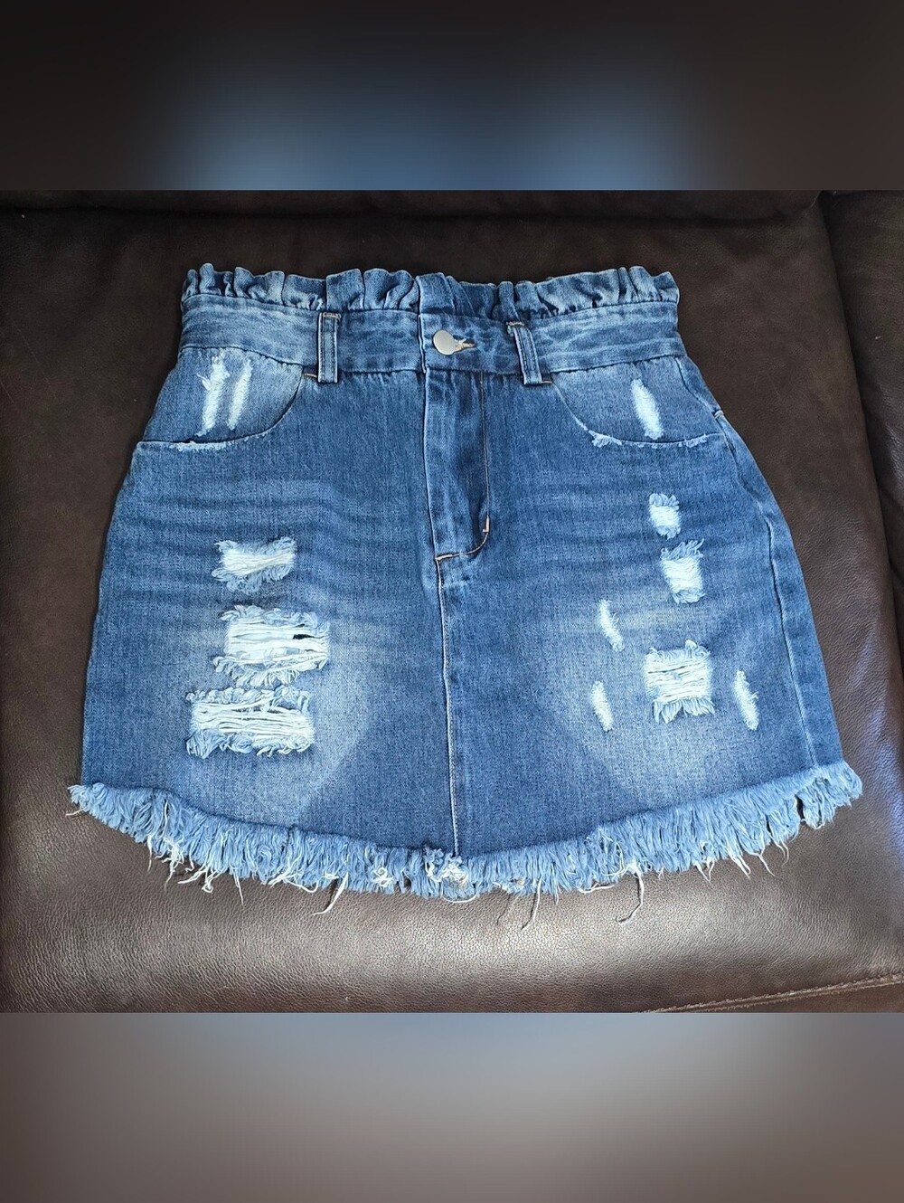 Hayden Denim Skirt With Distressed Ruffle Edge Paper Bag Waist Size Small NWT